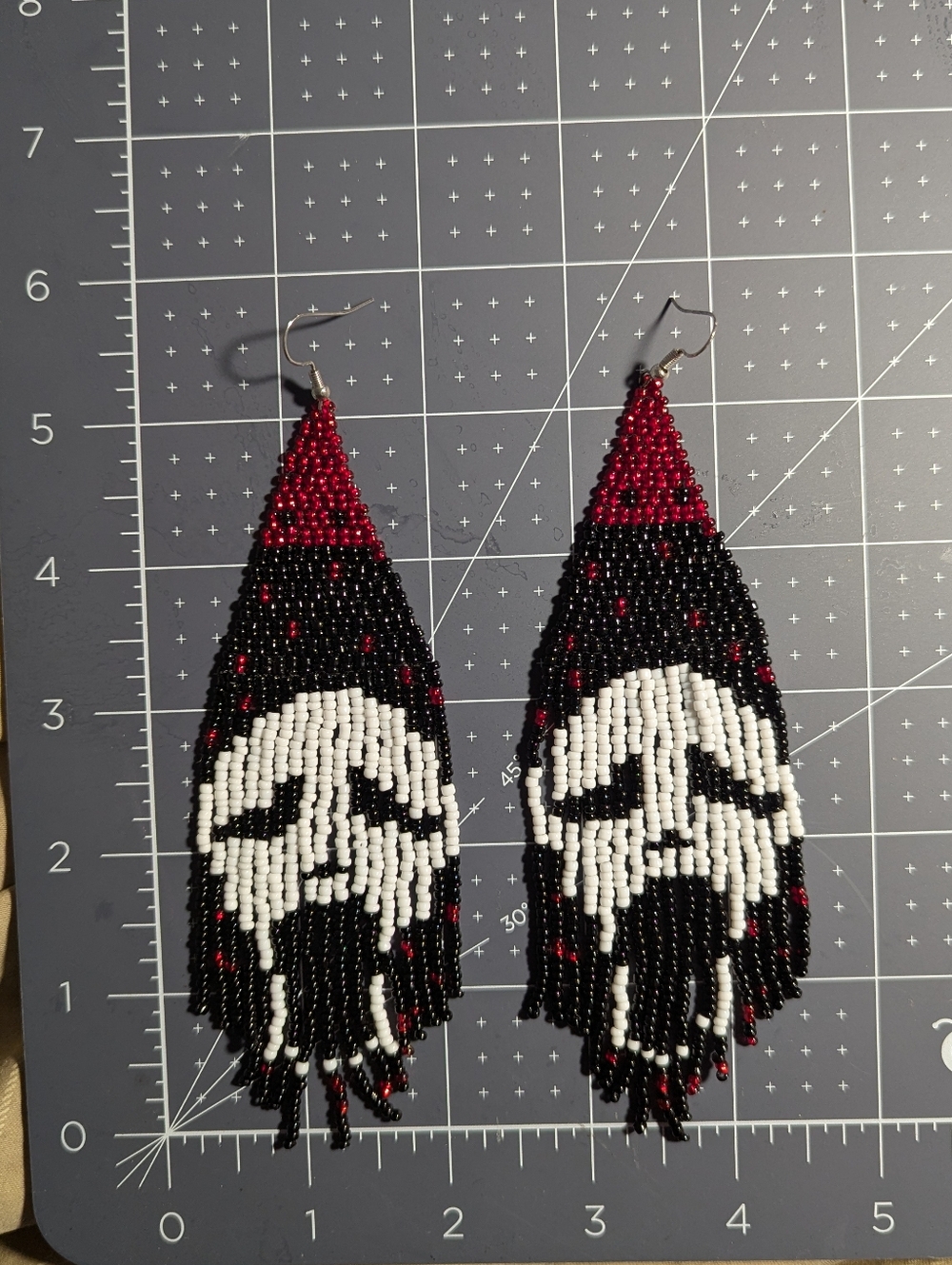 Handmade Beaded Scream Fringe Earrings in Black, White & Red